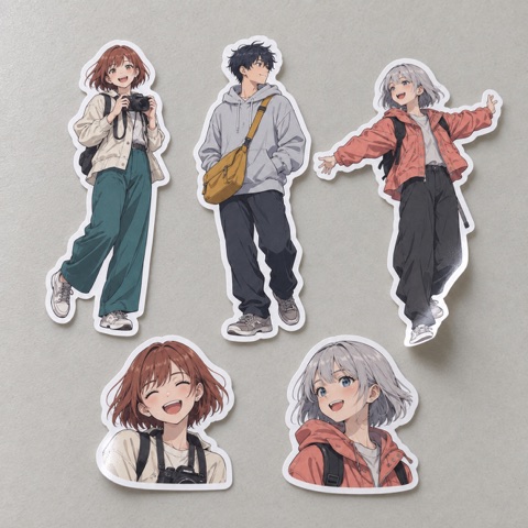 アニメ調のキャラクターを輪郭に沿って1枚ずつ切り抜いたダイカット仕上げのイメージ