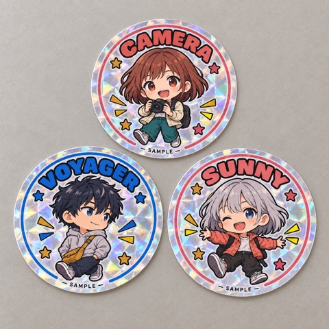 アニメキャラクターの丸型ホログラムステッカー