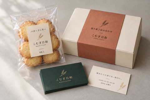 焼き菓子の商品ラベル・ギフト箱の帯紙・箔押しショップカードの印刷イメージ