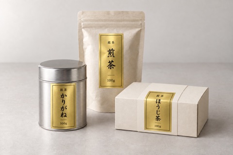 金ホイル紙に墨1色で茶名を印刷したホイル紙ラベルのイメージ