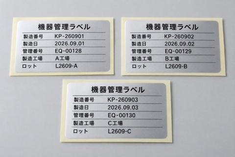 製造番号・製造日・管理番号・製造工場・ロットの5項目が異なる消し銀の機器管理ラベルの仕上がりイメージ