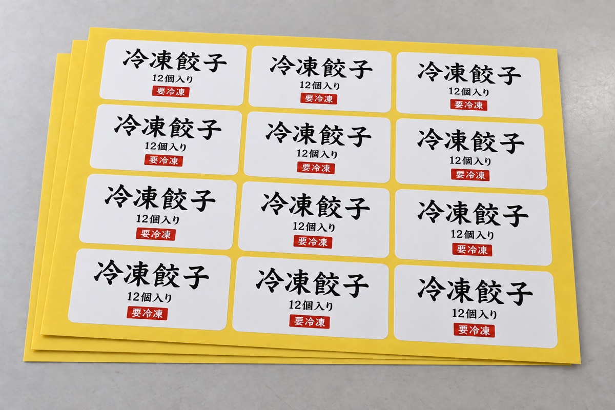 冷凍餃子のラベルを12面付けしたA3平判シート仕上げ