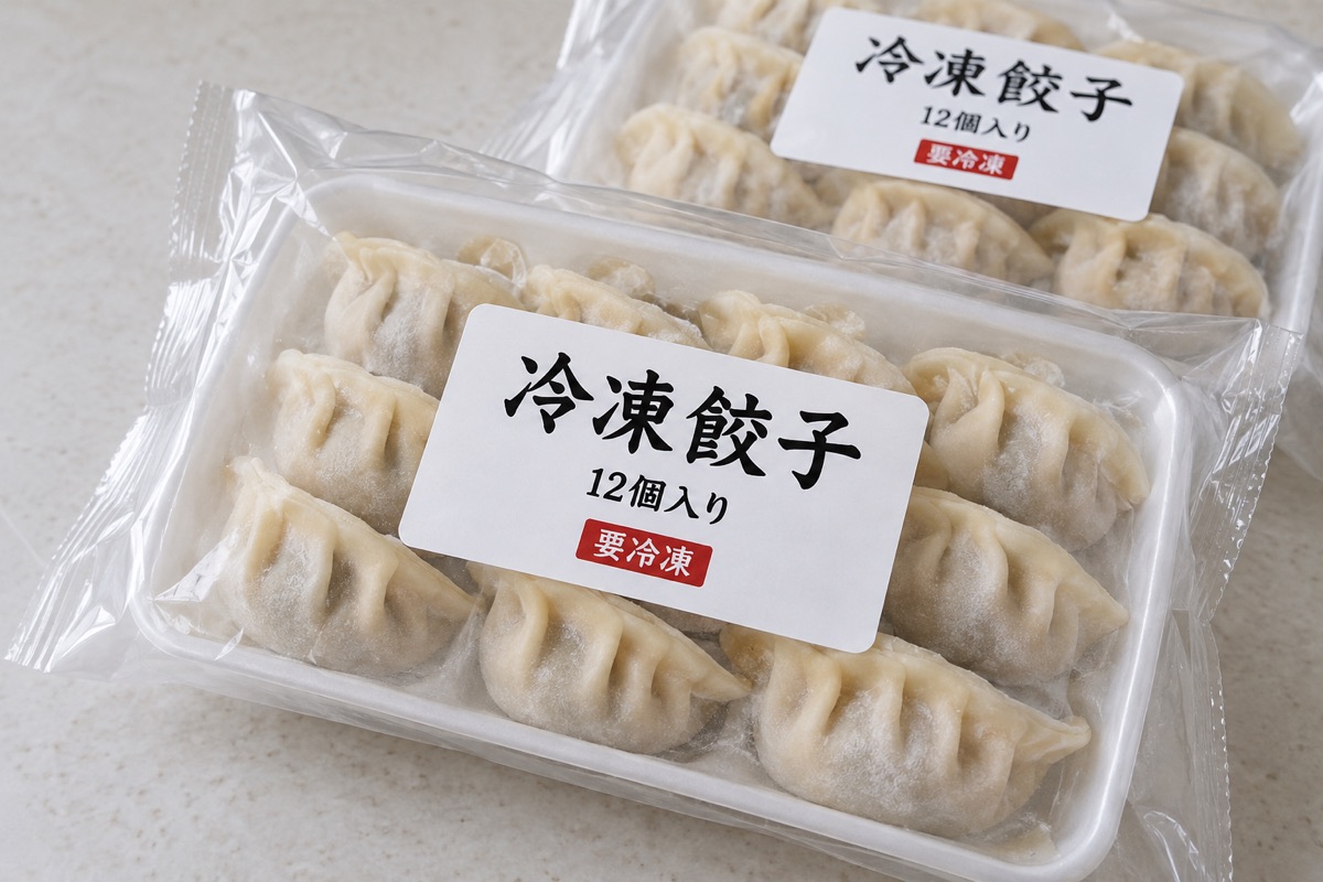 冷凍餃子の透明袋に貼った白い商品ラベル