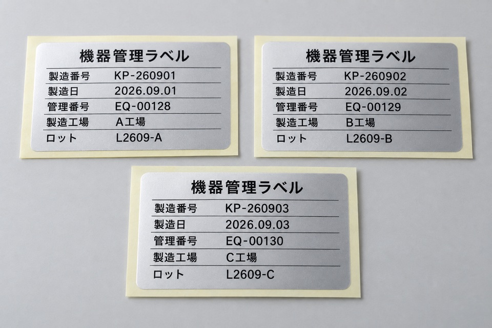 製造番号・製造日・管理番号・製造工場・ロットの5項目が異なる消し銀の機器管理ラベルの仕上がりイメージ