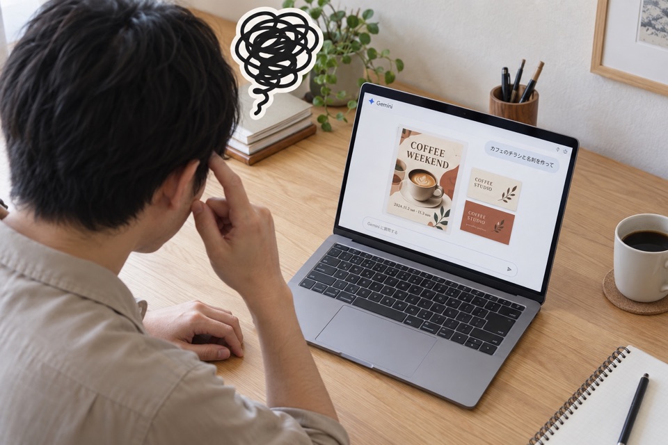 AIで作成したチラシと名刺をパソコンで見ながら、印刷の進め方に悩む人の後ろ姿
